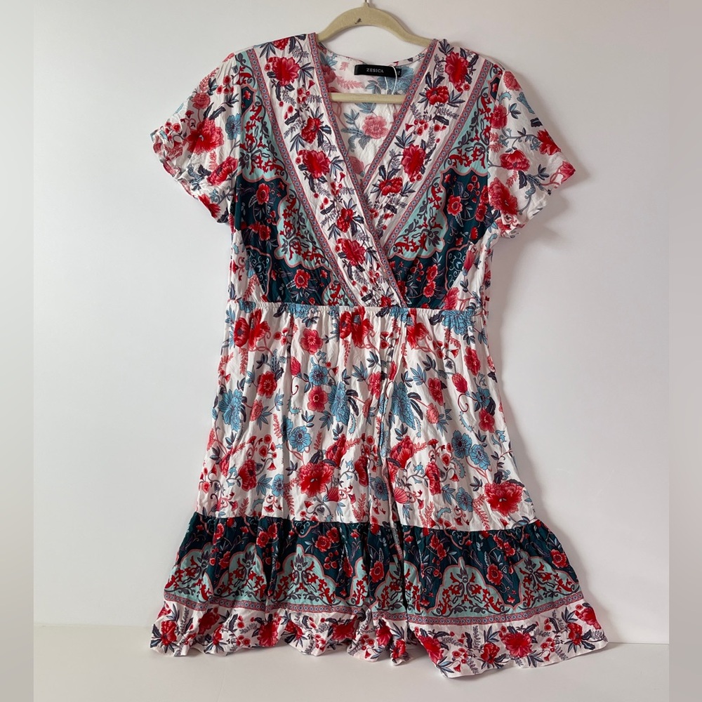 Zesica summer wrap, V-neck bohemian floral print ruffle swing a line beach mini